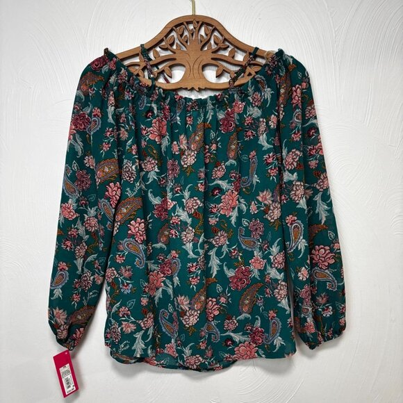 New Blouse Floral Green Xhilaration Peasant Style Boho Colorful Sheer Womens XS - Picture 7 of 7